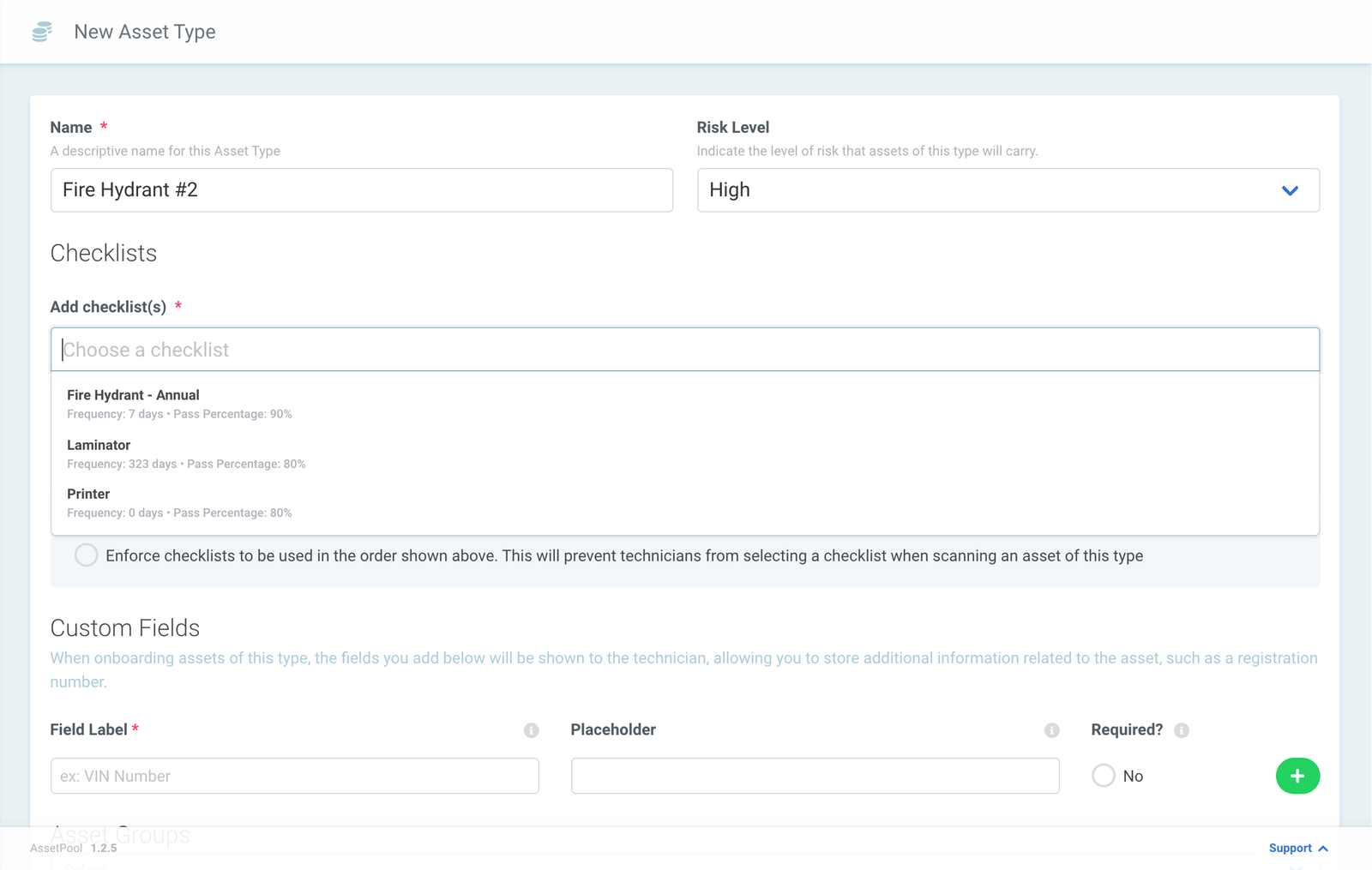 Assetpool Asset Type Checklists