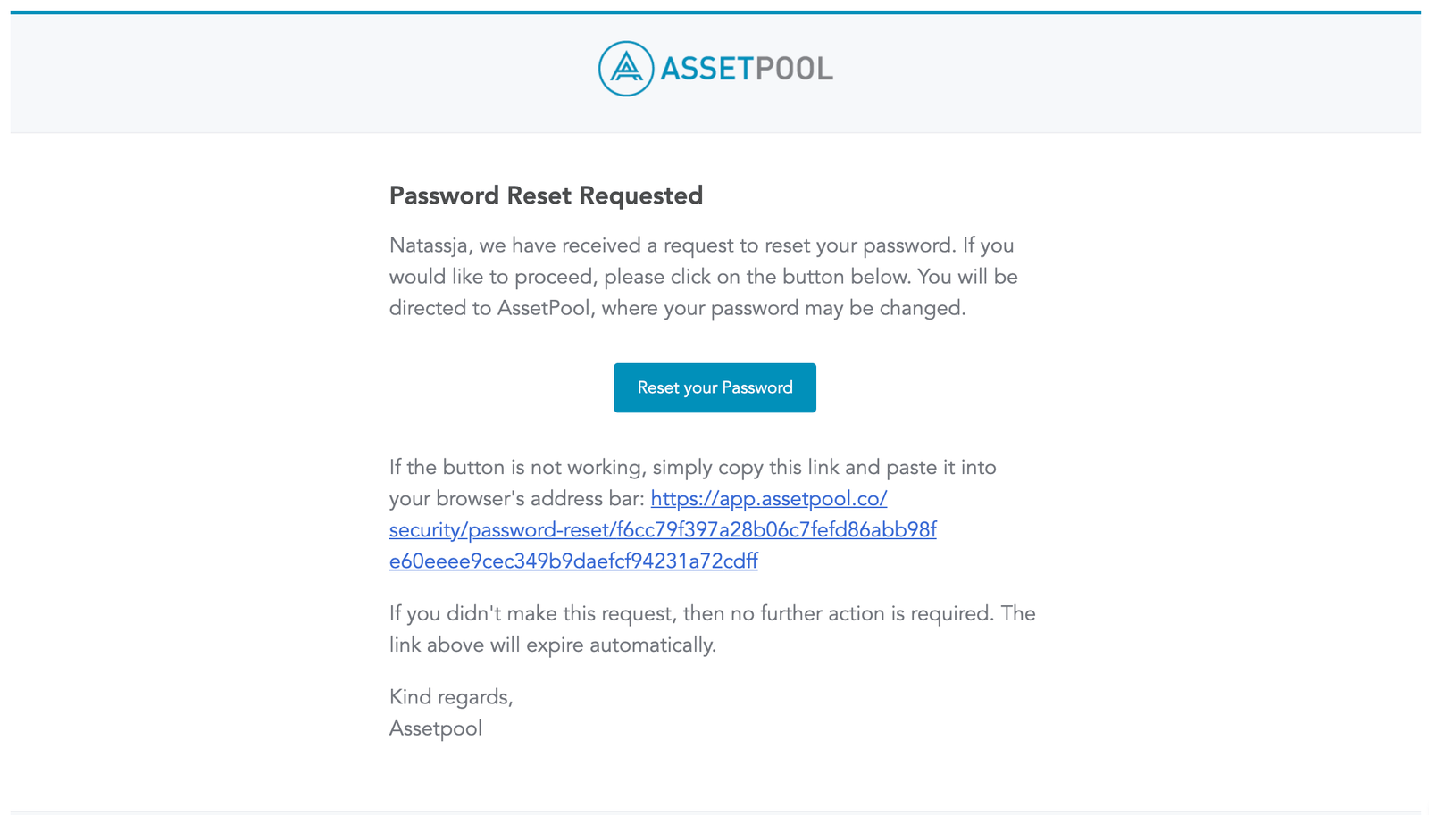 assetpool password reset email link