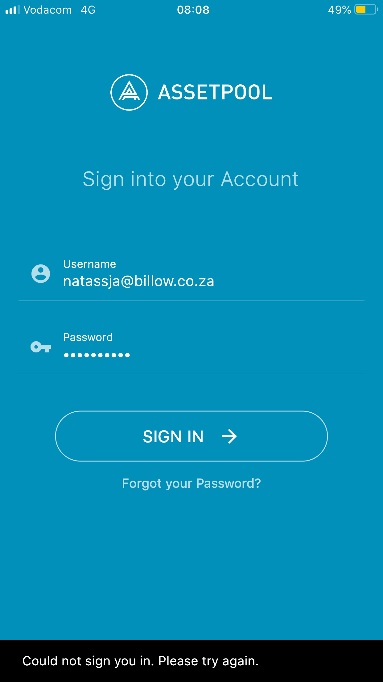 assetpool sign in error