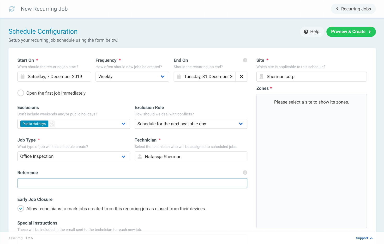 Assetpool Preview & Create Recurring Job