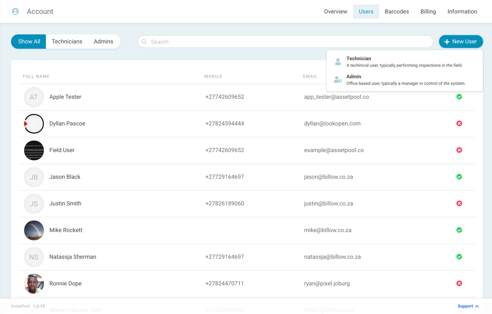 assetpool technician new user
